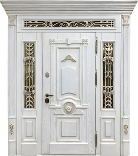 Остекленная парадная входная группа с терморазрывом, ковкой и капителями (белый МДФ с багетом и резьбой)