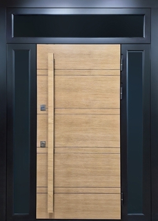 Металлическая термодверь МДФ с остеклением по бокам и сверху + бугельная ручка