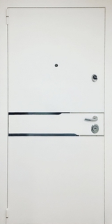 Металлическая квартирная дверь с белым порошковым окрасом и хромированными полосками Металлическая квартирная дверь с белым порошковым окрасом и хромированными полосками
