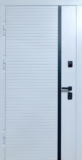 Металлическая квартирная дверь с белыми плитами МДФ RAL и вертикальной черной полосой