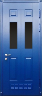 Стальная остекленная дверь с вентиляционной решеткой (синие панели МДФ RAL) Стальная остекленная дверь с вентиляционной решеткой (синие панели МДФ RAL)