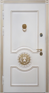 Стальная термодверь белый МДФ RAL с патиной золото и декором «лев» Стальная термодверь белый МДФ RAL с патиной золото и декором «лев»