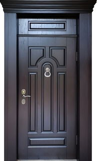 Стальная термодверь для дома с карнизом, фрамугой и кнокером (МДФ шпон)
