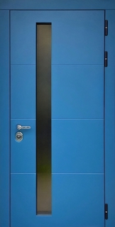Металлическая утепленная термодверь МДФ RAL синего цвета с узким длинным стеклом Металлическая утепленная термодверь МДФ RAL синего цвета с узким длинным стеклом
