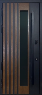 Стальная остекленная термодверь с вертикальной бугельной ручкой (МДФ с реечным оформлением)