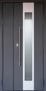 Металлическая полуторная термодверь с остеклением и ручкой-рейлингом (серые панели МДФ RAL) Металлическая полуторная термодверь с остеклением и ручкой-рейлингом (серые панели МДФ RAL)