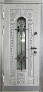 Металлическая термодверь с остеклением, отбойником и ковкой (панели МДФ с фрезеровкой)